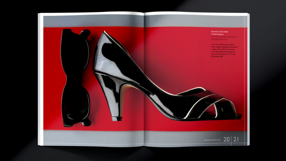 W Hotels WISH magazine, catalog spread with black patent leather high heel and sunglasses, PlanetFab design