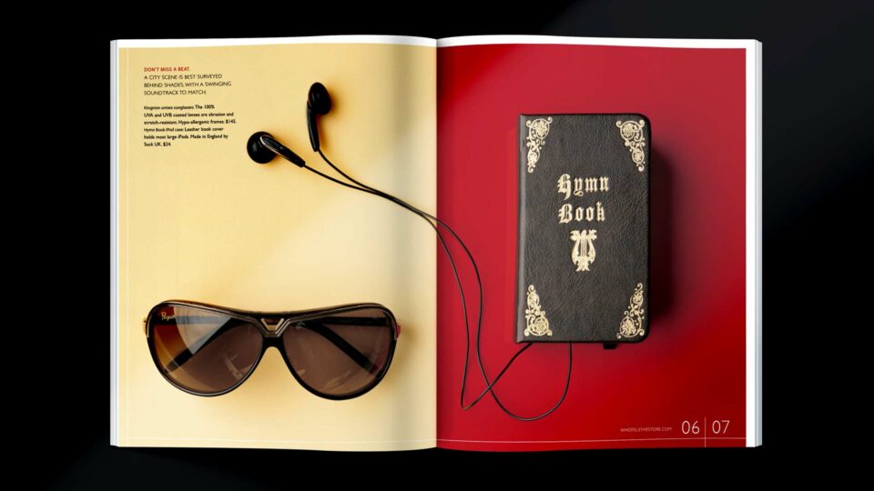 W Hotel WISH magazine, catalog spread featuring urban accessories, PlanetFab creation
