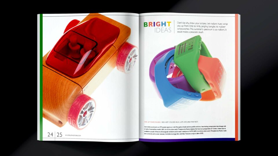 W Hotels WISH magazine, catalog spread featuring colorful toys and accessories, created by PlanetFab