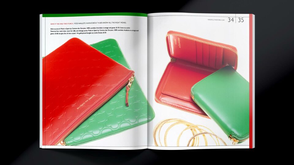 W Hotel WISH magazine, catalog spread showcasing red and green leather wallets, created by PlanetFab