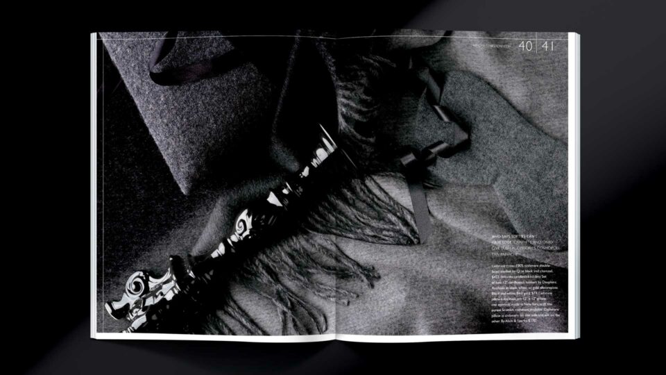 W Hotels WISH magazine, catalog spread featuring dark, textured fashion accessories, created by PlanetFab