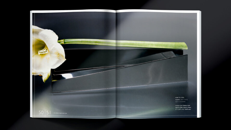 W Hotels WISH catalog spread featuring a white lily and sleek metal vase, created by PlanetFab