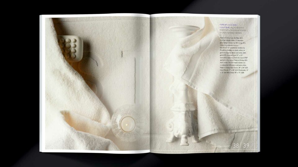 W Hotels WISH catalog spread featuring white bath accessories, create by PlanetFab