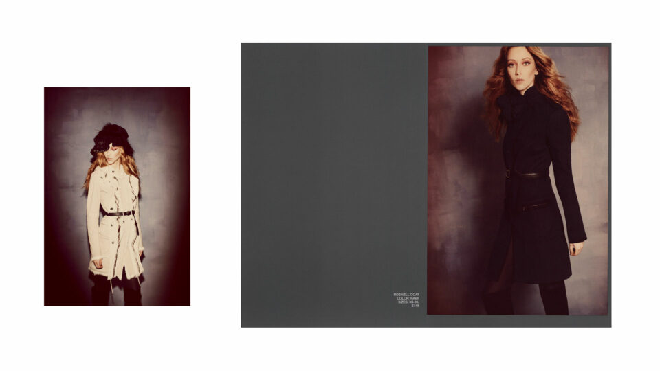 Elie Tahari luxury outerwear fashion campaign: beige casual coat and black long coat PlanetFab Creative Direction and Art Direction for Elie Tahari Fall Outerwear Mailer with model Alana Zimmer photographed by Guy Aroch