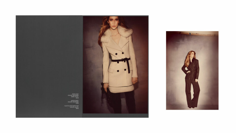 (Left) Elie Tahari luxury outerwear fashion campaign – white coat with fur collar (Right) Elie Tahari luxury outerwear fashion campaign – black pant suit