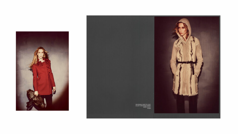 (Left) Elie Tahari luxury outerwear fashion campaign – red coat and leopard print bag (Right) Elie Tahari luxury outerwear fashion campaign – beige hooded coat Elie Tahari Fall Outerwear Mailer.