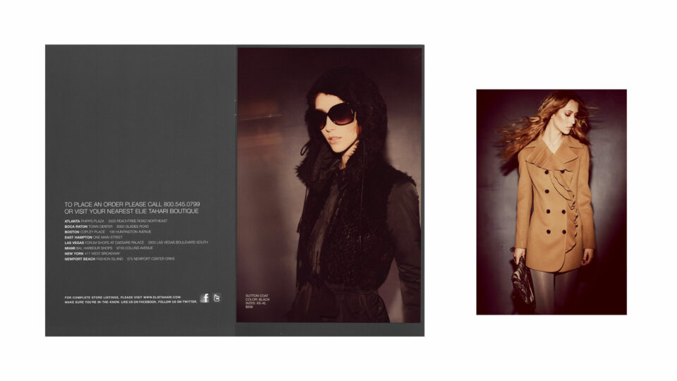 (Left) Elie Tahari luxury outerwear fashion campaign – black coat with fur hood and sunglasses (Right) Elie Tahari luxury outerwear fashion campaign – brown double-breasted coat. Elie Tahari Fall Outerwear Mailer.