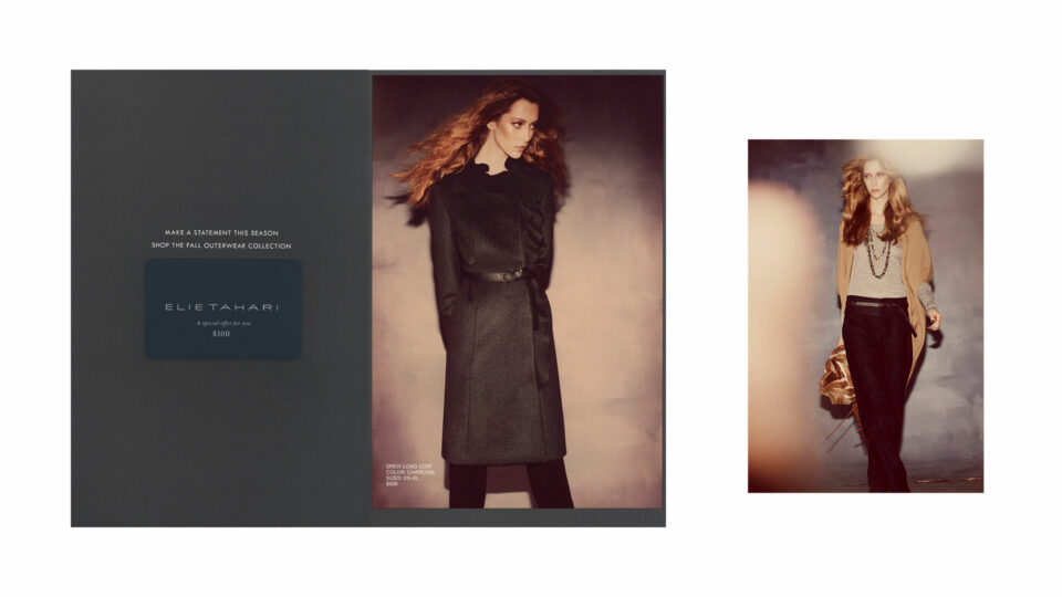 (Left) Elie Tahari luxury outerwear fashion campaign – charcoal gray long coat (Right) Elie Tahari luxury outerwear fashion campaign – casual beige outfit. Elie Tahari Fall Outerwear Mailer.