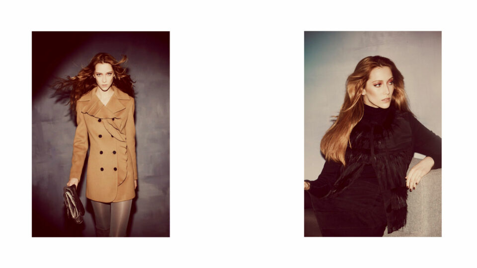 (Left) Elie Tahari luxury outerwear fashion campaign – brown double-breasted coat (Right) Elie Tahari luxury outerwear fashion campaign – black fur-detailed outfit. Elie Tahari Fall Outerwear Mailer