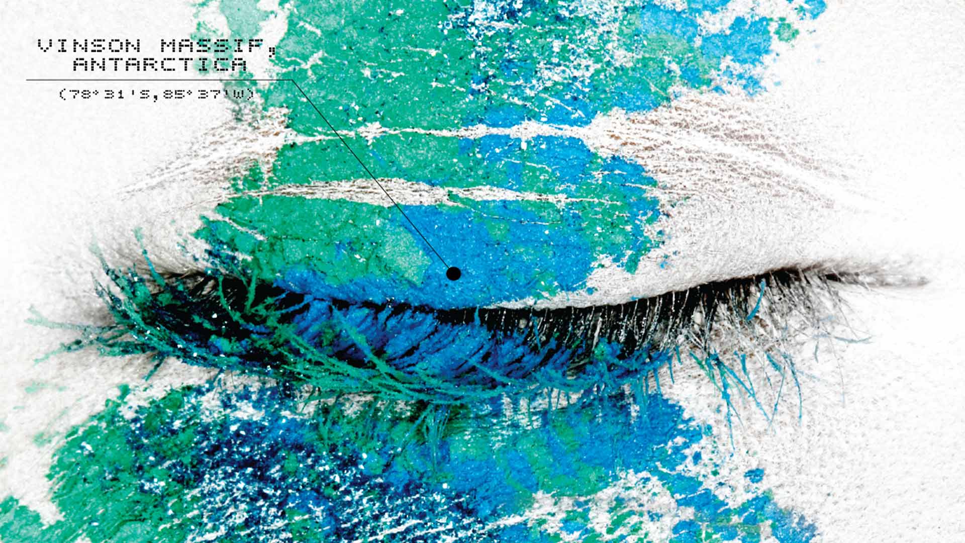 Close-up photographs of a model's eye with blue and green eyeshadow and colorful feather lips, juxtaposed with satellite imagery of Vinson Massif in Antarctica and the Straits of Magellan in South America, from the "Satellite of Love" beauty editorial in City Magazine, photographed by Thomas Rusch with makeup by Loni Baur and creative direction by Fabrice Frere of PlanetFab.
