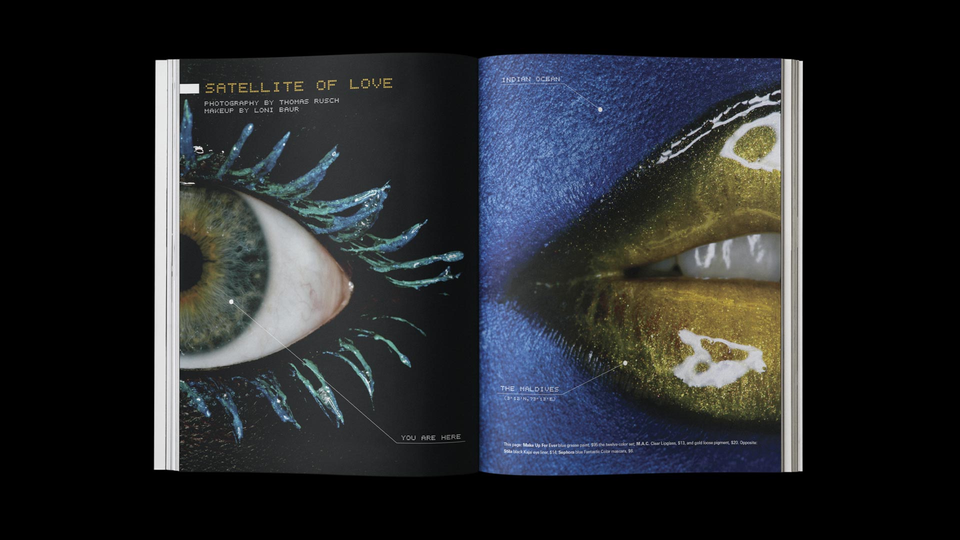 Satellite of Love beauty, finding beauty on Google Earth editorial close-up of model's eye with teal eyeshadow and island aerial view published in City Magazine, photographed by Thomas Rusch with makeup by Loni Baur and creative direction by Fabrice Frere of PlanetFab.