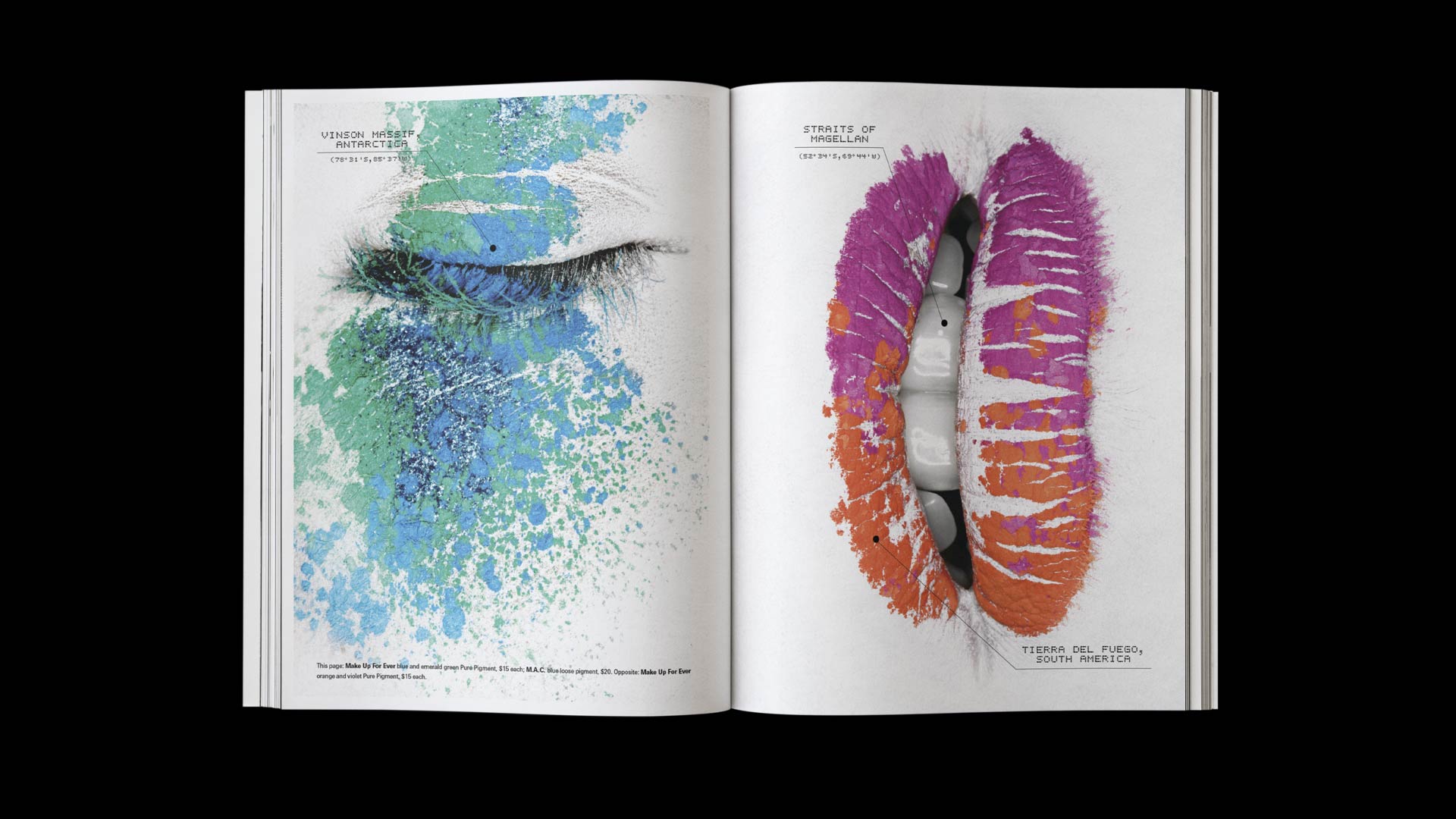 Close-up photographs of a model's eye with blue and green eyeshadow and colorful feather lips, juxtaposed with satellite imagery of Vinson Massif in Antarctica and the Straits of Magellan in South America, from the "Satellite of Love" beauty editorial in City Magazine, photographed by Thomas Rusch with makeup by Loni Baur and creative direction by Fabrice Frere of PlanetFab.