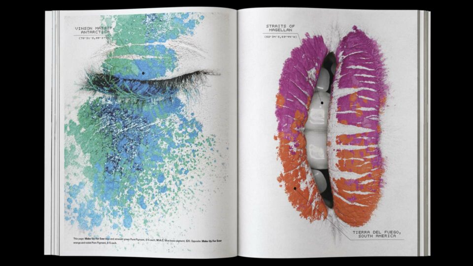 Close-up photographs of a model's eye with blue and green eyeshadow and colorful feather lips, juxtaposed with satellite imagery of Vinson Massif in Antarctica and the Straits of Magellan in South America, from the "Satellite of Love" beauty editorial in City Magazine, photographed by Thomas Rusch with makeup by Loni Baur and creative direction by Fabrice Frere of PlanetFab.