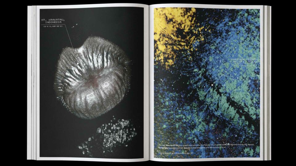 Close-up photograph of a model's lips covered in silver glitter, resembling the texture of Indonesia's Mt. Krakatau volcano, paired with a satellite image of the Patagonia ice field in South America, from the "Satellite of Love" beauty editorial in City Magazine, photographed by Thomas Rusch with makeup by Loni Baur and creative direction by Fabrice Frere of PlanetFab.