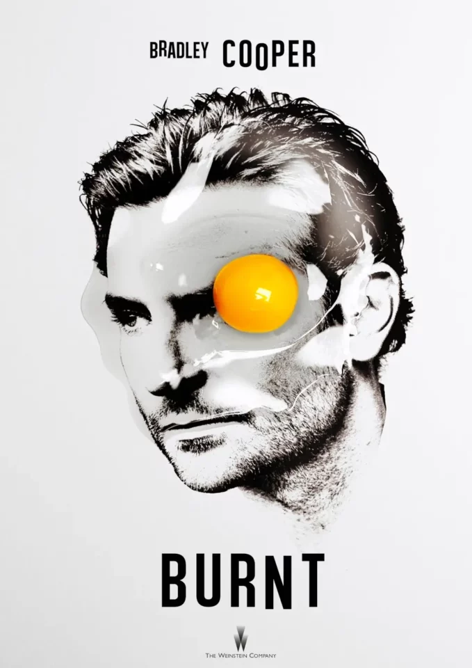 Bradley Cooper with a raw egg on his face in a key art movie poster for Burnt.