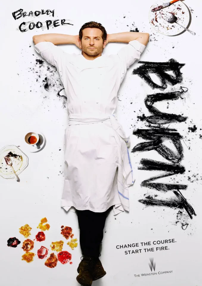 Bradley Cooper as a chef surrounded by culinary chaos in a key art poster for Burnt, created by PlanetFab.
