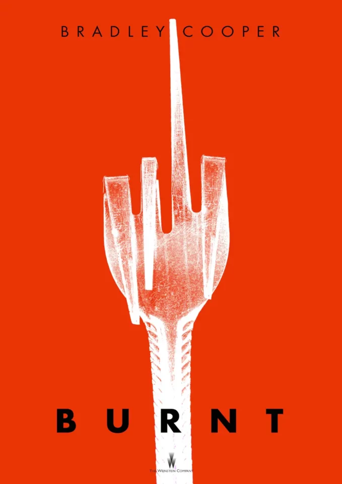 Red background with a white upside-down fork in a rebellious key art movie poster for Burnt, featuring Bradley Cooper.