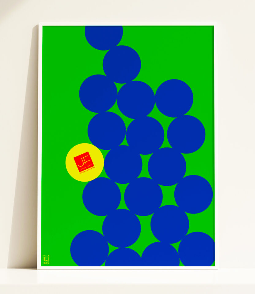 Julien Farel tennis-inspired brand campaign poster with blue tennis balls forming on green background