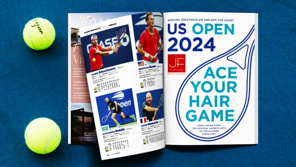 Julien Farel US Open 2024 brand campaign 'Ace Your Hair Game' campaign featured in tennis magazine spread with player profiles
