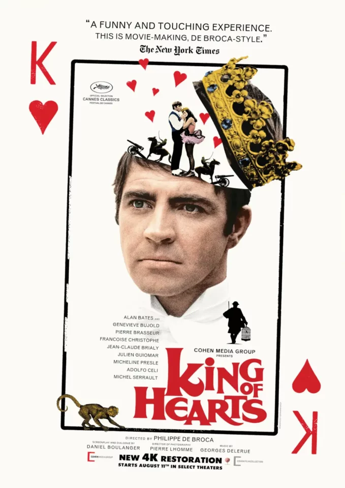 Redesigned movie poster for King of Hearts, featuring a man's face with a crown and miniature scenes on his head, styled as a playing card