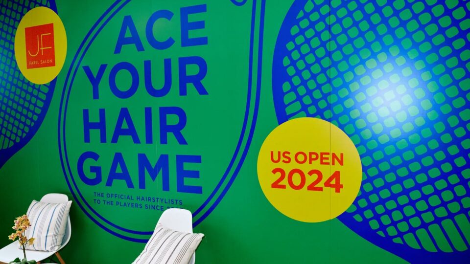 Julien Farel US Open 2024 brand campaign promotional wall display with 'Ace Your Hair Game' slogan