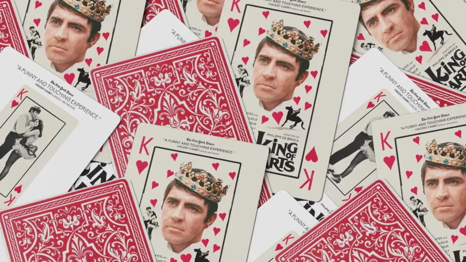 Collage of redesigned King of Hearts Key Art Poster Design and playing cards. Key Art poster design and campaign by PlanetFab Studio.