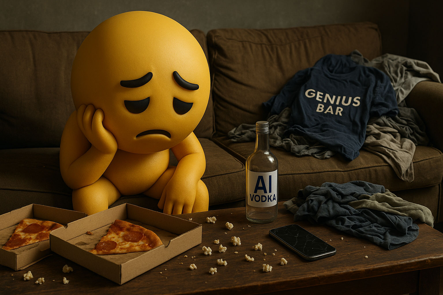 3D rendered sad emoji character sitting on couch with head in hands, surrounded by pizza boxes, popcorn, AI vodka bottle, phone, and Genius Bar shirt, depicting tech industry burnout
