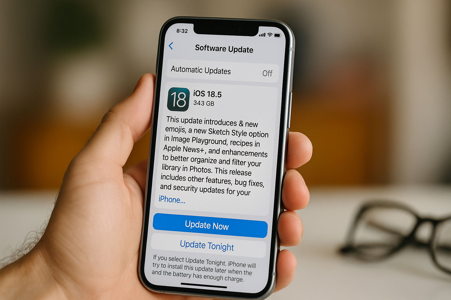 iOS 18.5 Software Update screen showing 3.49GB download size with 8 new emojis as the headline feature