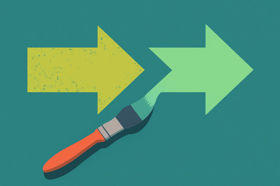 Flat-style digital illustration showing two arrows—one evolving gradually and the other making a sharp pivot—symbolizing the difference between a brand refresh and a full rebrand.