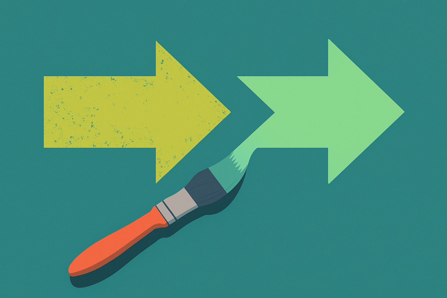 Flat-style digital illustration showing two arrows—one evolving gradually and the other making a sharp pivot—symbolizing the difference between a brand refresh and a full rebrand.