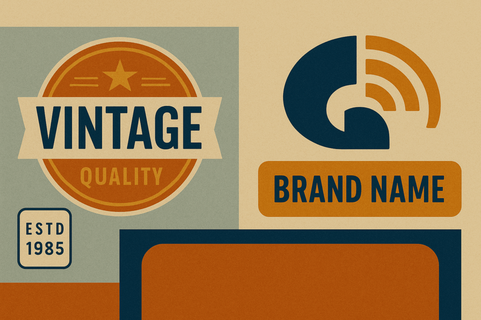 Flat vintage-style illustration featuring retro branding icons and logos, evoking nostalgia and classic design aesthetics