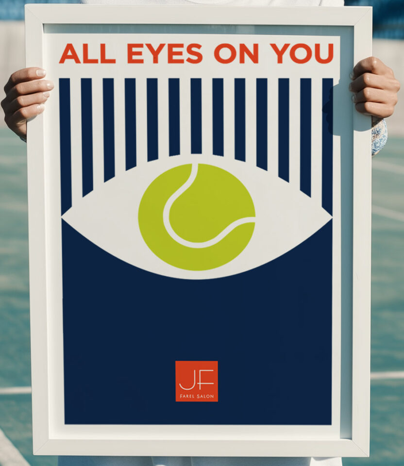 PlanetFab Studio's Julien Farel US Open 2025 branding campaign poster featuring 'All Eyes on You' messaging