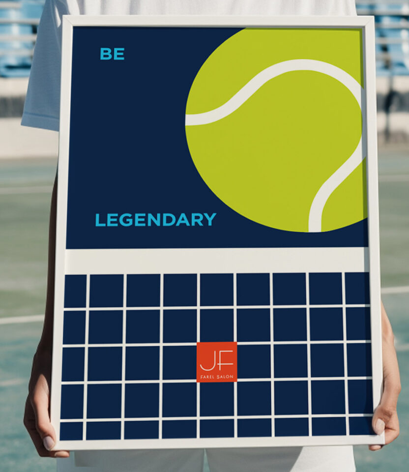 PlanetFab Studio's Julien Farel US Open 2025 branding campaign 'Be Legendary' poster featuring tennis ball graphic