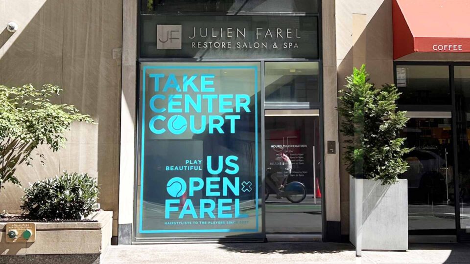 PlanetFab window graphic design for Julien Farel US Open 2025 branding campaign, Park Avenue Salon