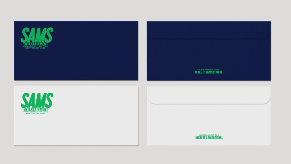Sams Entertainment branded envelopes in navy and white with logo and tagline