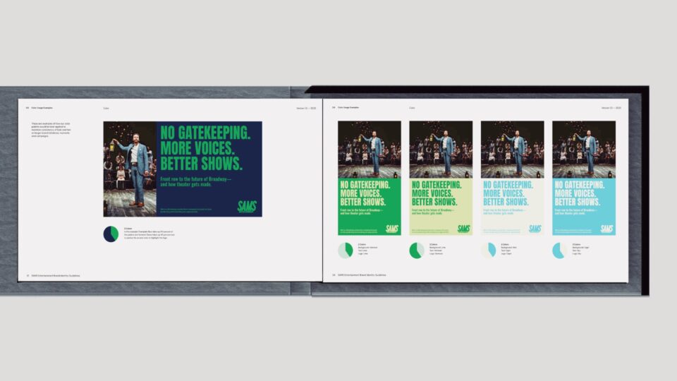 Sams Entertainment Broadway campaign posters with brand colors and typography