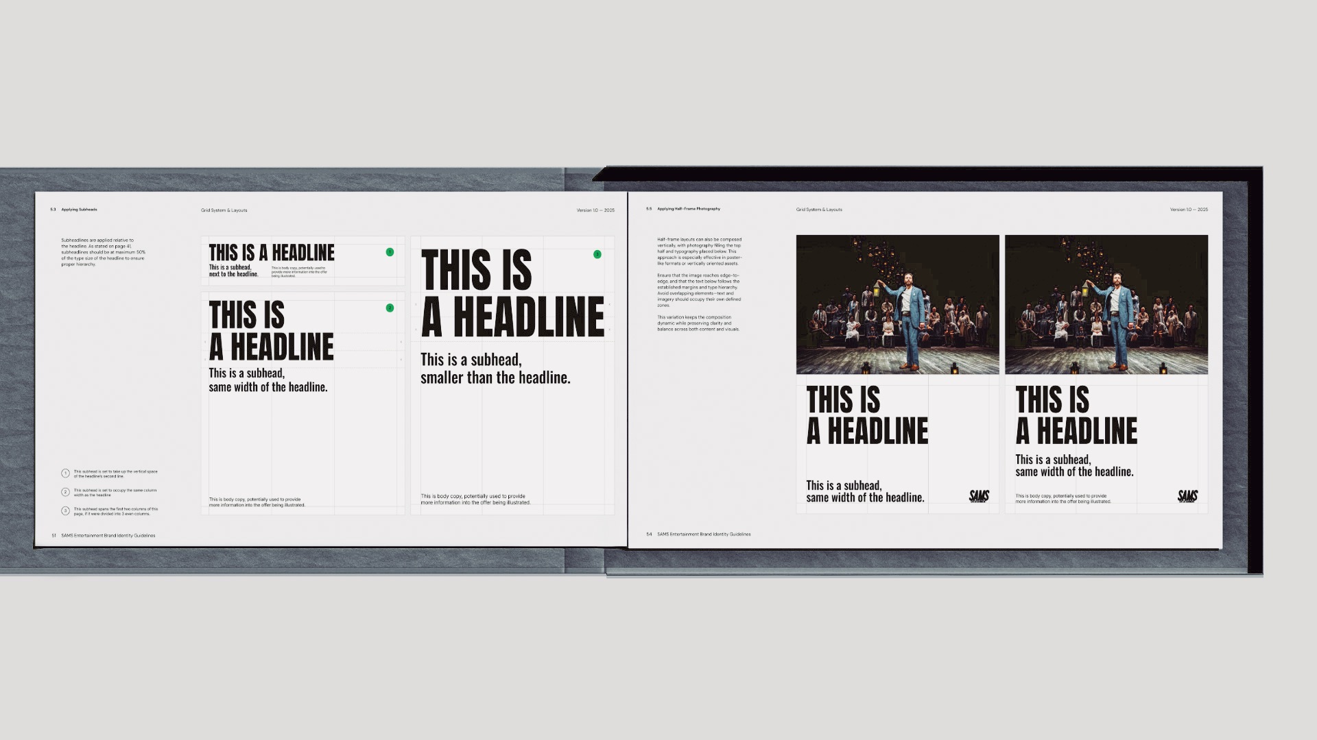 Grid system and layout guidelines from Sams Entertainment Broadway brand identity