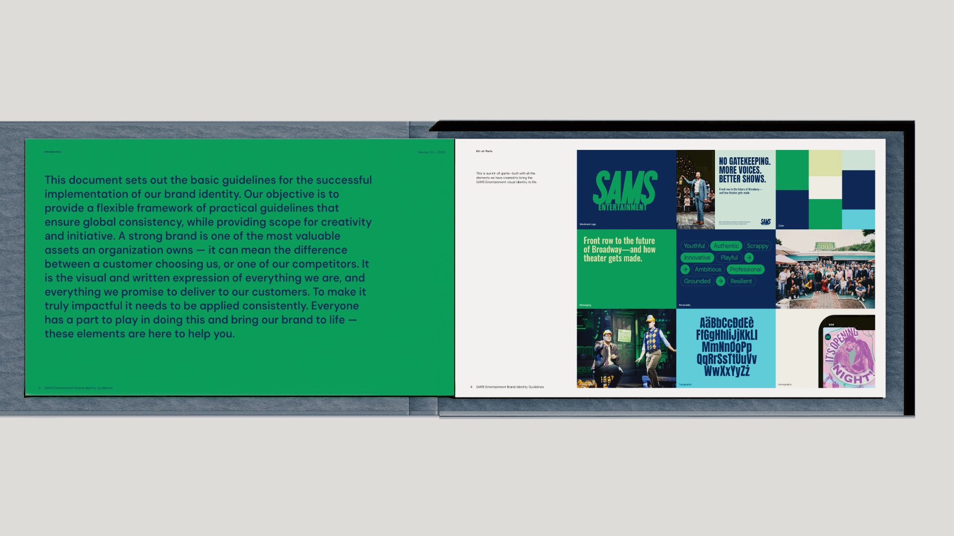 Introduction spread from Sams Entertainment Broadway brand guidelines with visual identity moodboard