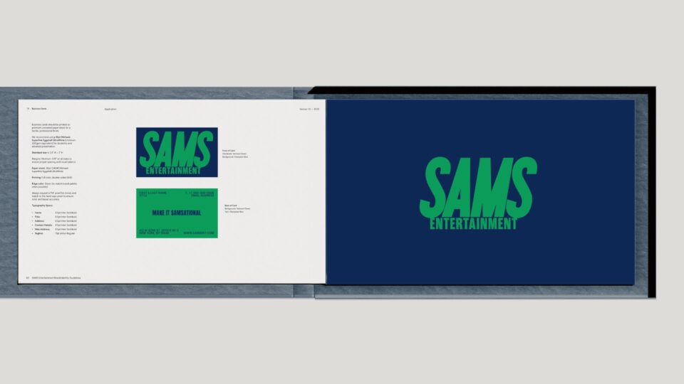 Inside spread of Sams Entertainment Broadway brand guidelines by PlanetFab