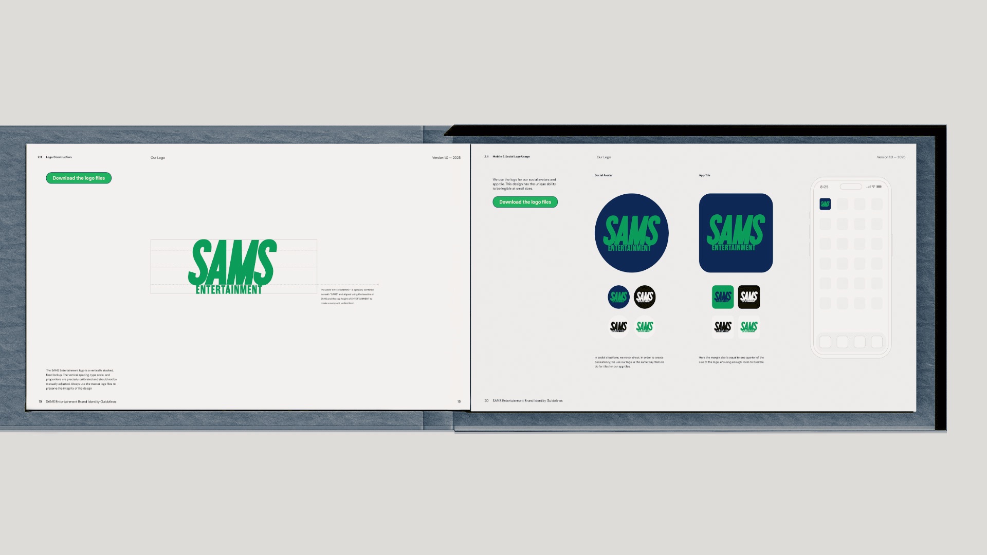 Logo construction and social avatar applications from Sams Entertainment Broadway brand guidelines