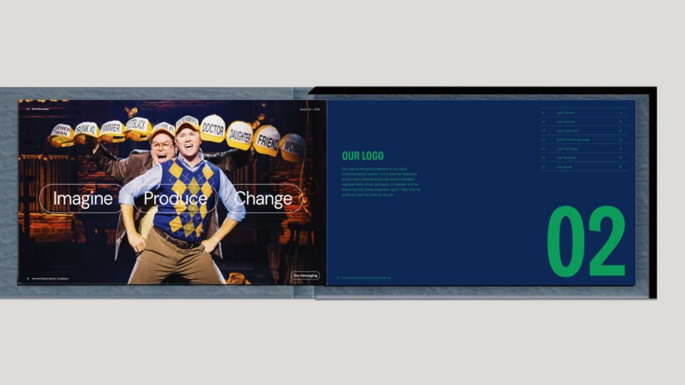 Logo introduction page from Sams Entertainment Broadway brand guidelines with performance imagery