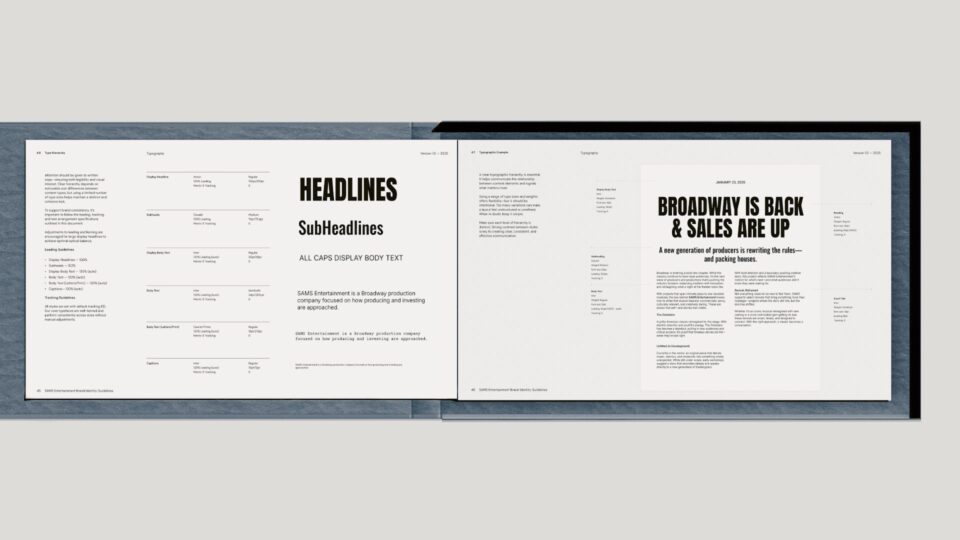 Typography hierarchy and layout examples from Sams Entertainment Broadway brand guidelines