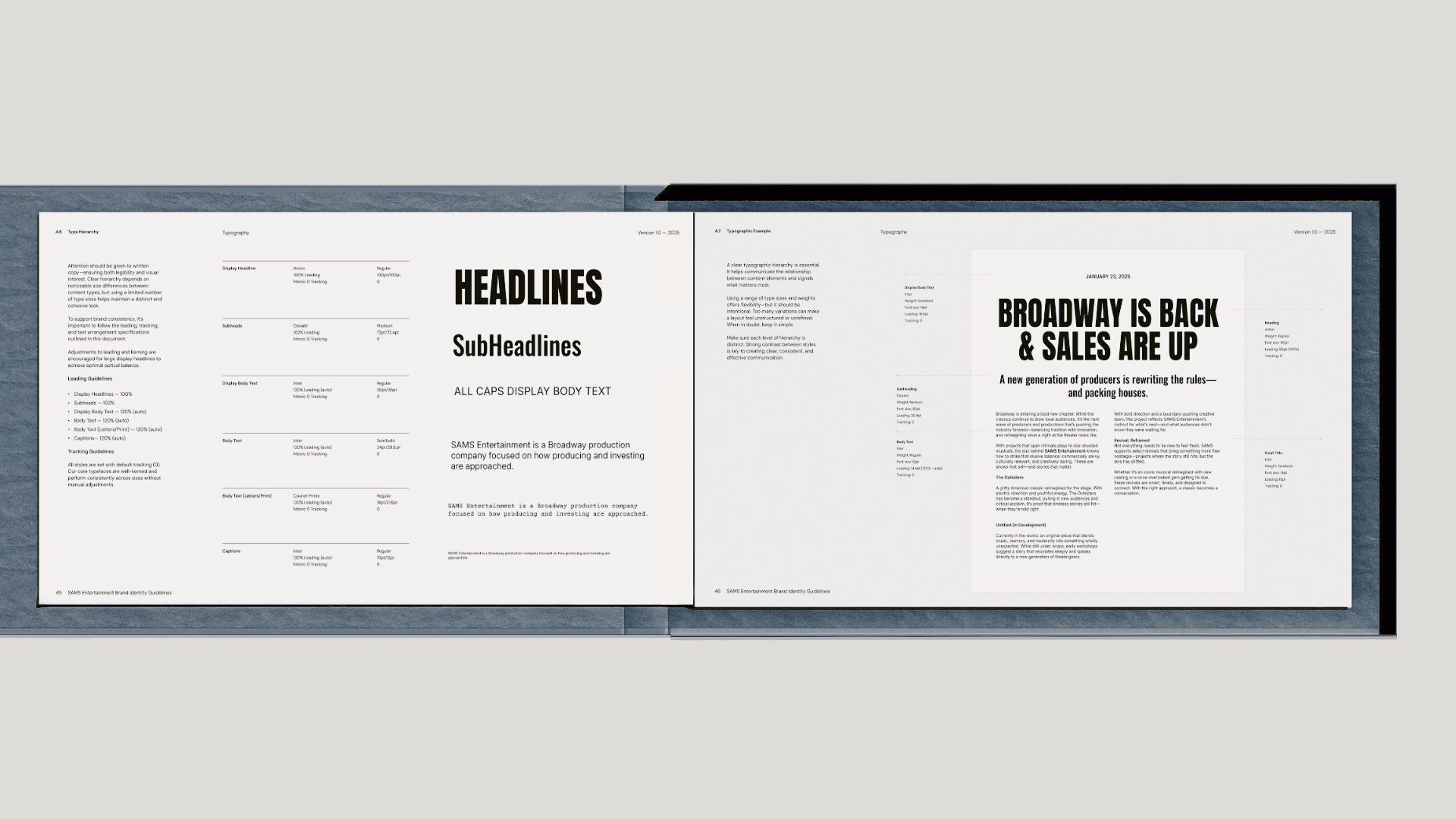 Typography hierarchy and layout examples from Sams Entertainment Broadway brand guidelines