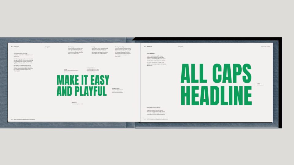 Typography examples from Sams Entertainment Broadway brand guidelines with bold headlines