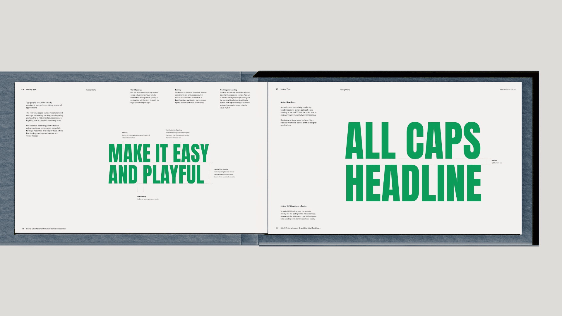 Typography examples from Sams Entertainment Broadway brand guidelines with bold headlines
