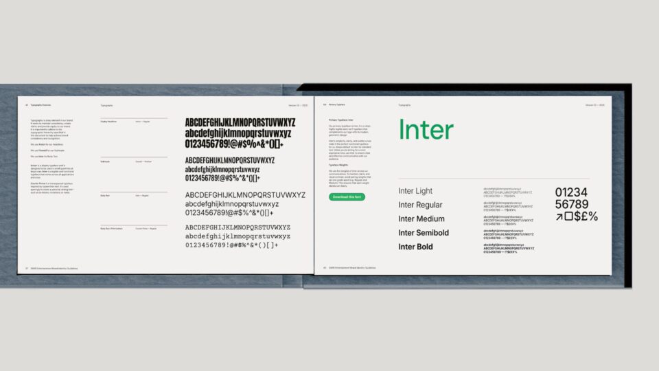 Typography overview from Sams Entertainment Broadway brand guidelines using Inter font family