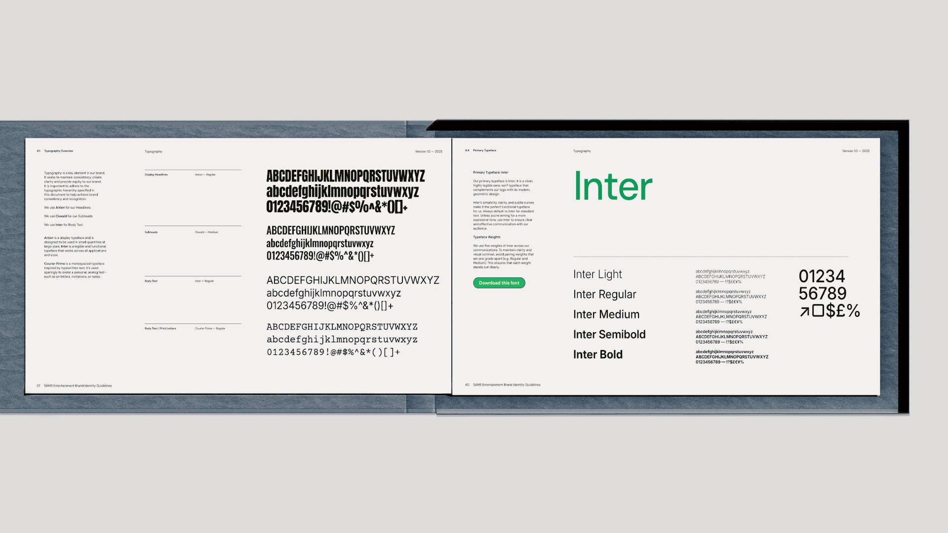 Typography overview from Sams Entertainment Broadway brand guidelines using Inter font family