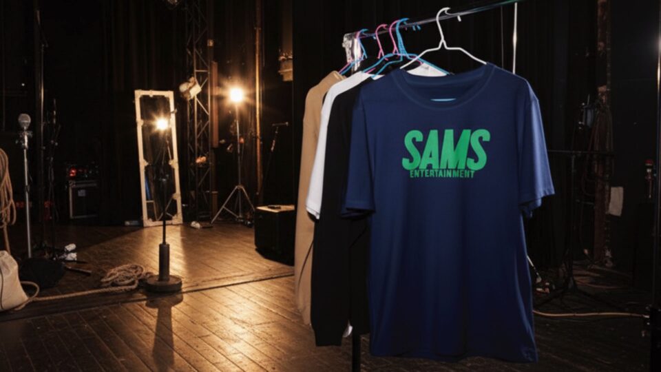 Navy t-shirt with Sams Entertainment logo in green