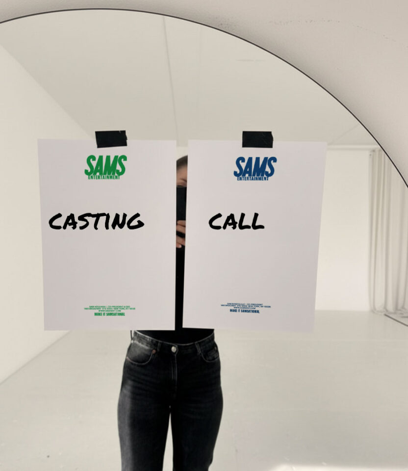 SAMS Entertainment casting call letterheads taped on mirror designed by PlanetFab