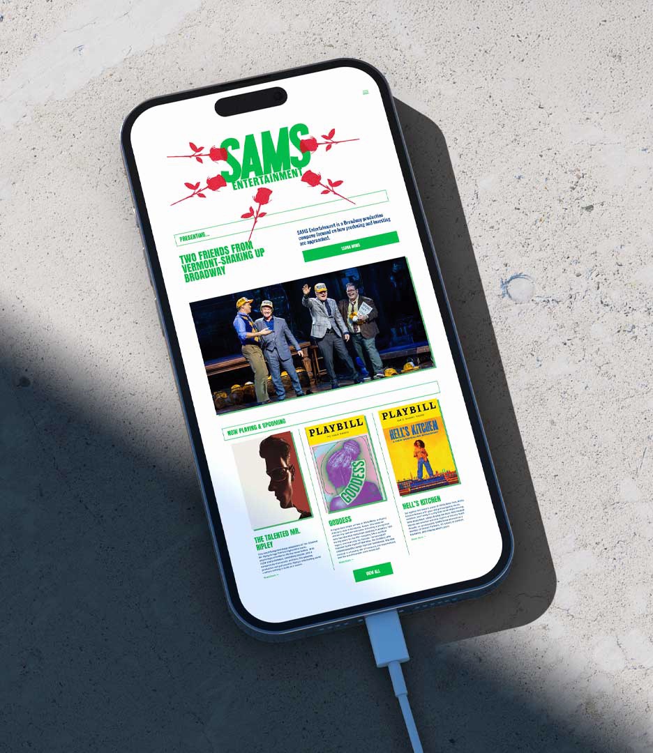iPhone mockup displaying SAMS Entertainment Broadway branding website designed by PlanetFab